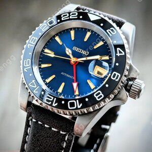 SOLID TITANIUM Automatic GMT Sub Diver Premium Blue dial Mod Watch 40mm SAPPHIRE
